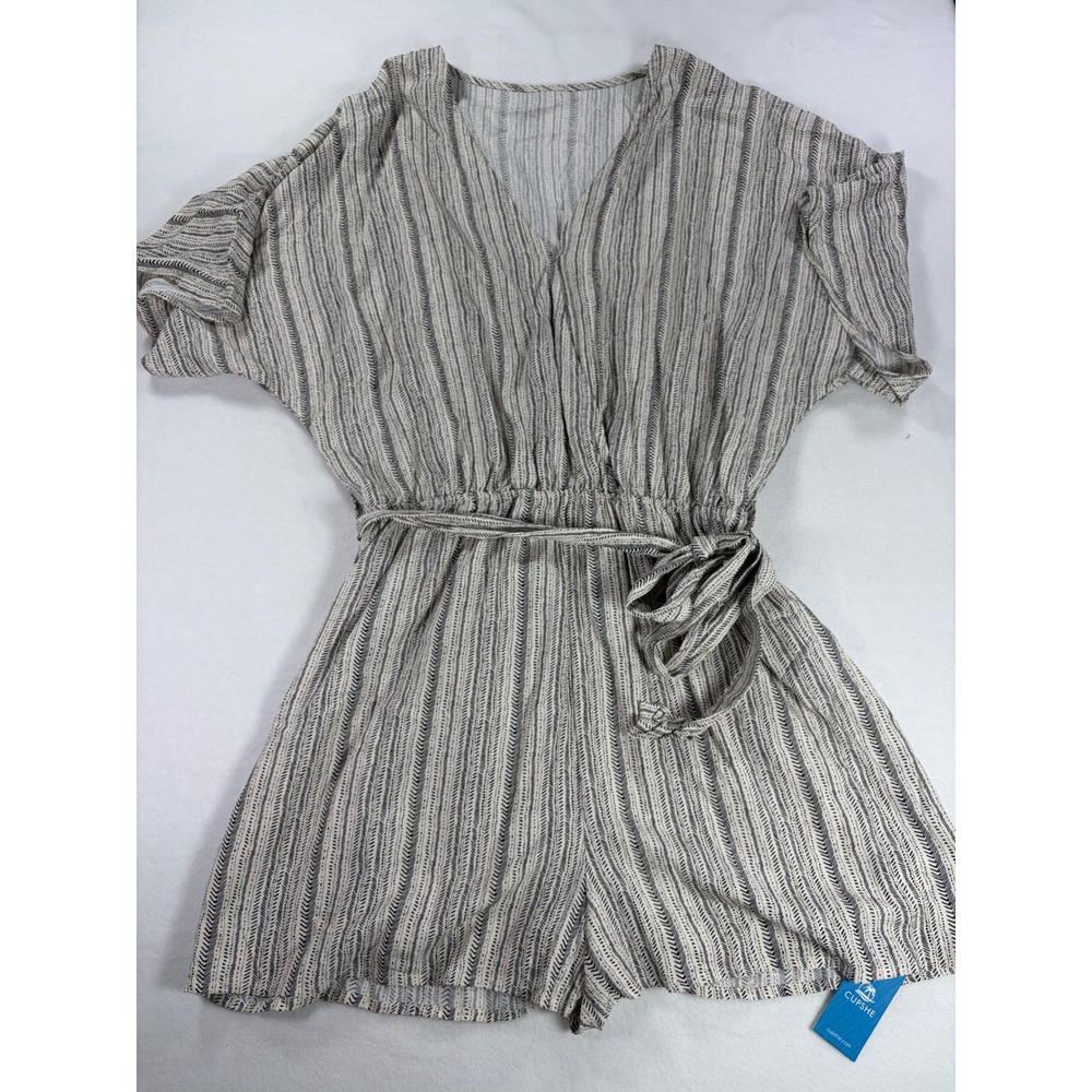 Cupshe Womens Striped V-Neck Romper Short Sleeve Tie Waist Cream CAA13E3C021AC